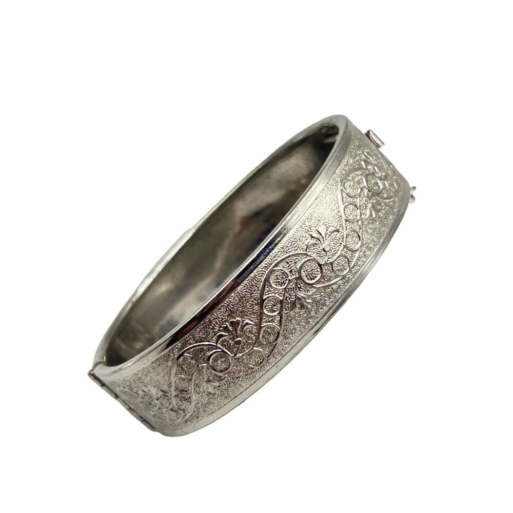 Vintage Ornate Silver Tone Hinged Bangle Bracelet with Safety Chain